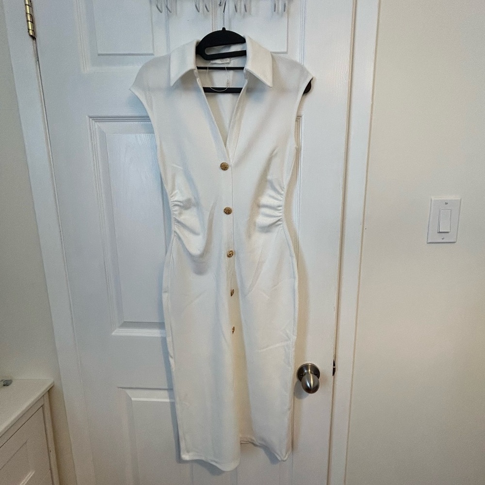 Zara White Collared Button-Front Midi Dress